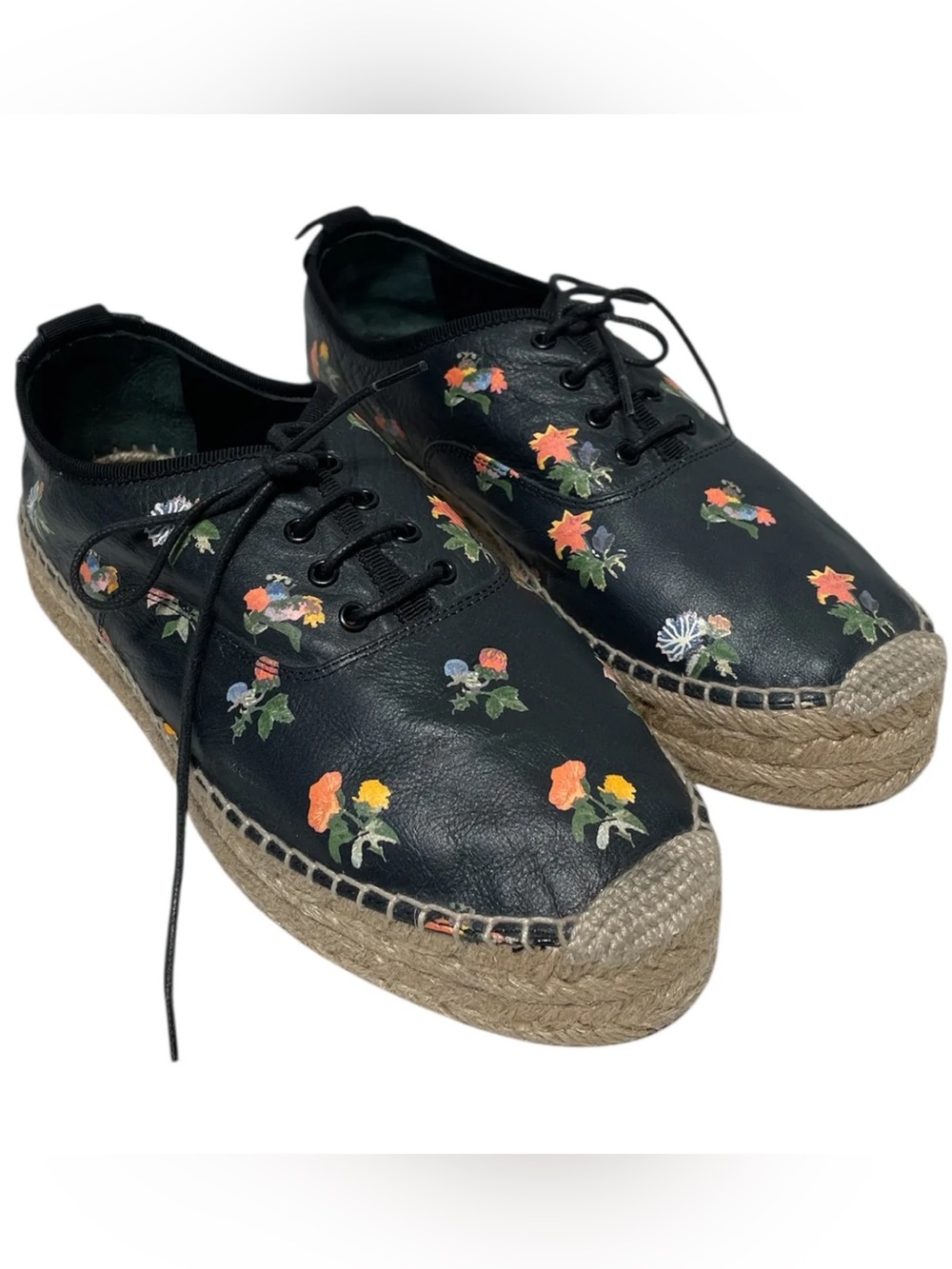 Saint Laurent Black Leather Floral Espadrille Lace-Up Shoes